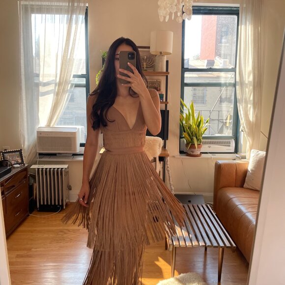 Herve Leger Plunging Fringe Gown | Toffee - Picture 3 of 10